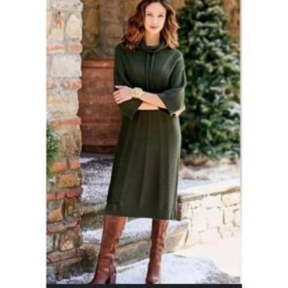 Soft Surroundings Cable Knit Cowl Neck Sweater Midi Dress Olive Sz M Tunic Boho